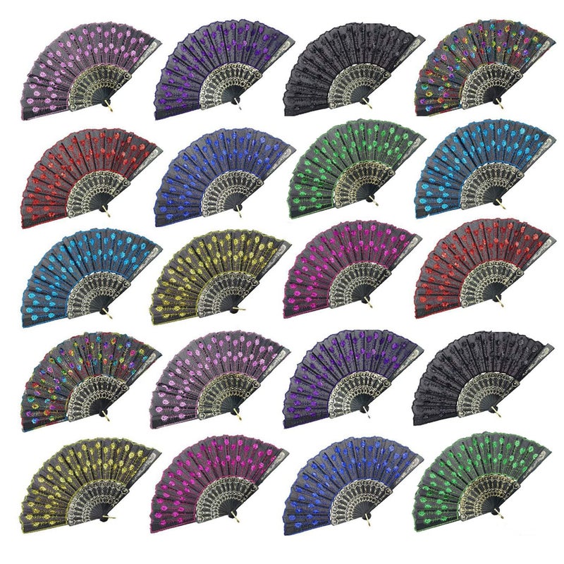 INNOLIFE Elegant Colorful Embroidered Flower Peacock Pattern Sequin Fabric Folding Handheld Hand Fan Hand-crafted (Full Set - 20pcs Mixed Colors) and 16 carrying pouches - Image 1